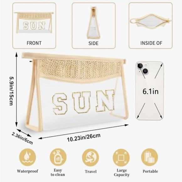 NWOT Stylish Clear Bag with Beige& Gold Cosmetic Bag SUN Summer bag - Picture 2 of 6